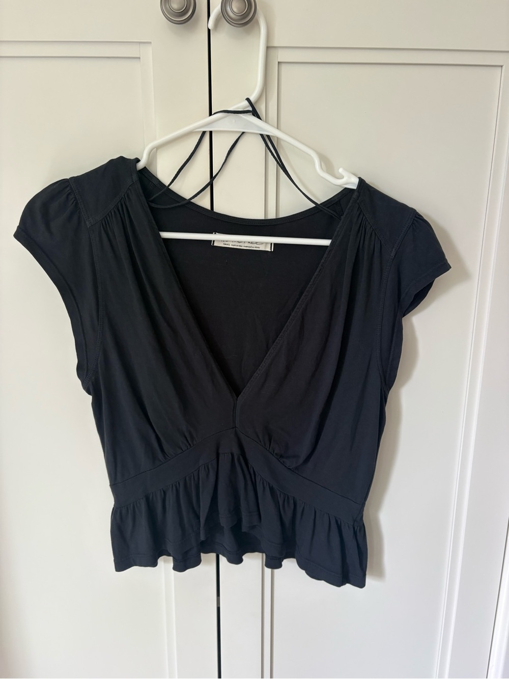 Free People Black V-Neck Peplum Short Sleeve Top